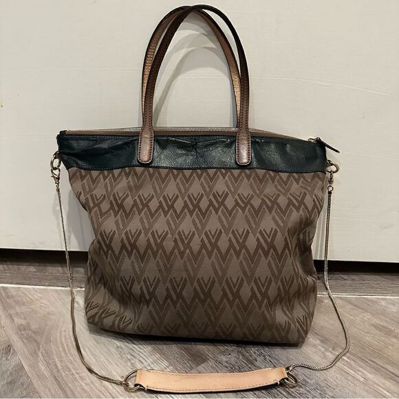 VALENTINO Tote All Over Print Green Beige Crossbody  Zip Top Pocket Large - Picture 1 of 11
